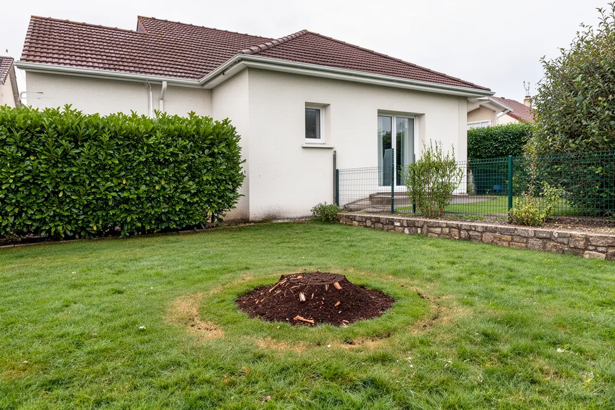 Zone de jardin dégagée après dessouchage à Saint-Benoît