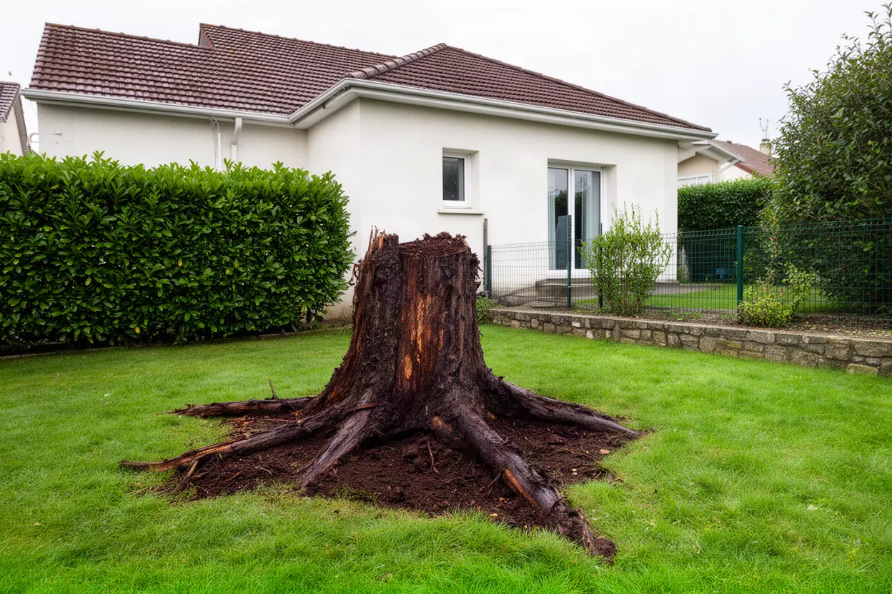 Souche à enlever dans un jardin de Saint-Benoît