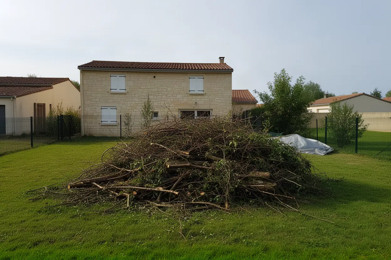 Tas de branchages encombrant une parcelle à Chasseneuil-du-Poitou