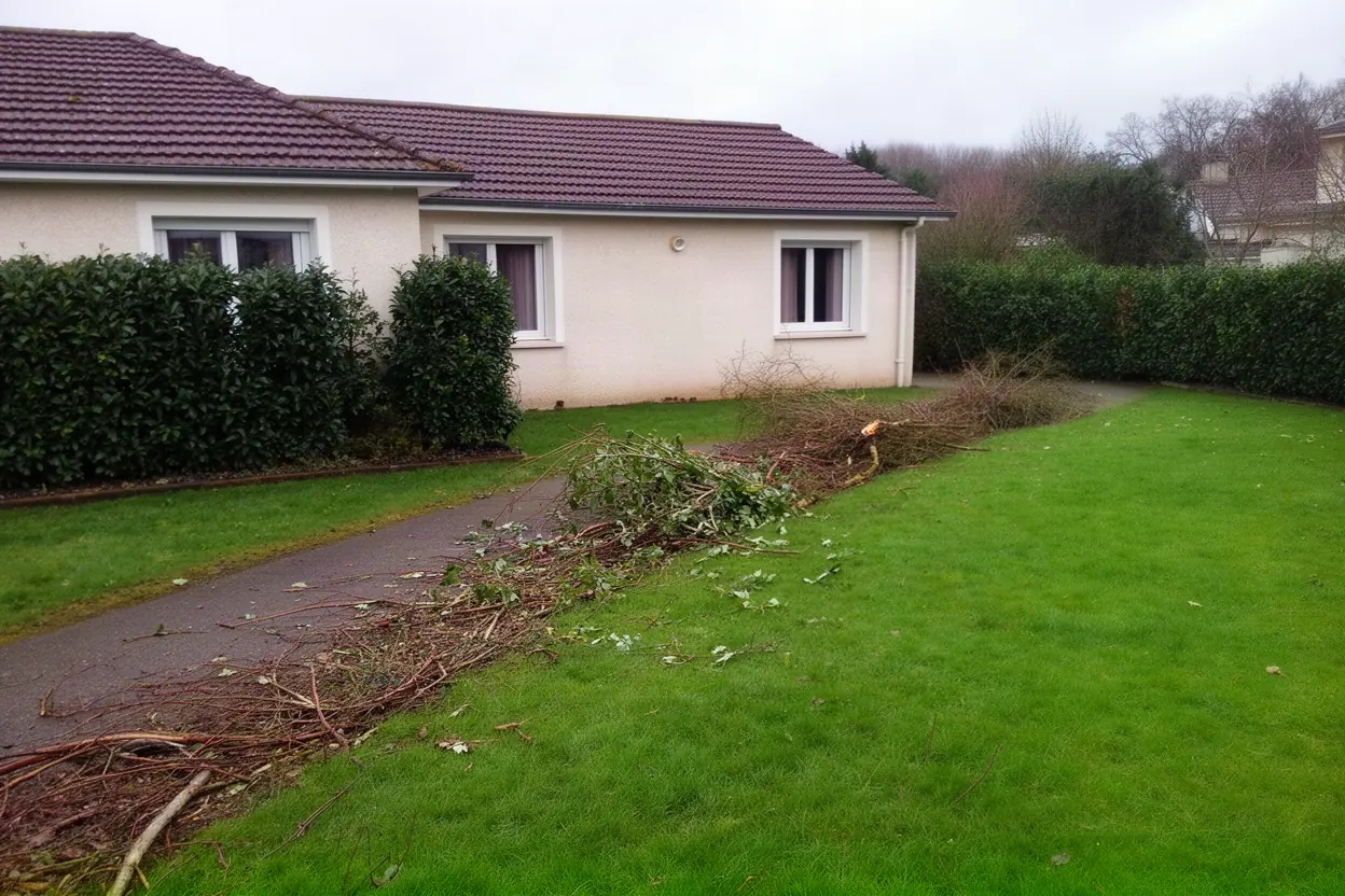 Résidus de taille éparpillés dans un jardin de Saint-Benoît